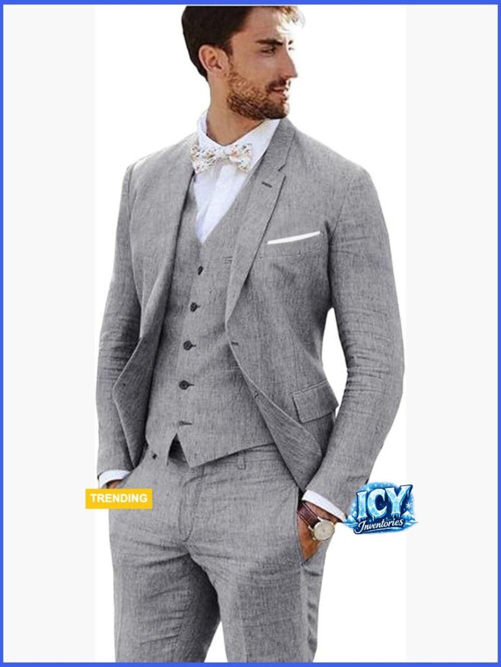 Linen Suit 3 Piece Slim Fit Jacket Vest Pants Wedding Prom
